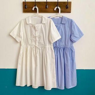 Short-sleeve Square-neck Lace-up Dress