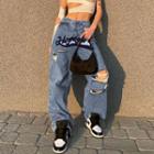 Lettering High Waist Distressed Wide Leg Jeans