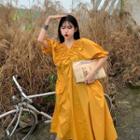Shirred V-neck Puff-sleeve Dress