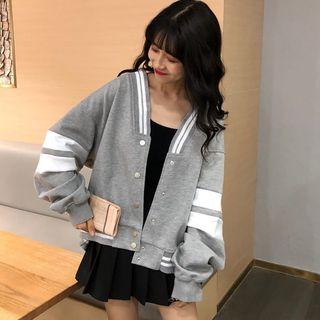 Contrast-trim Buttoned Baseball Jacket Gray - One Size