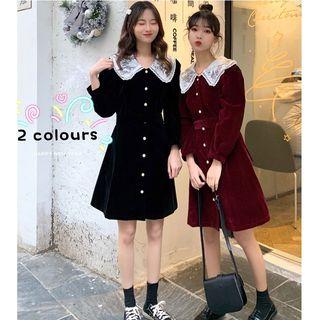 Lace Collar Pleuche Shirtdress