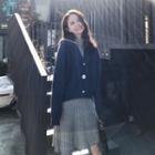 Buttoned V-neck Cardigan / Long-sleeve Knit A-line Dress