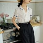 Short-sleeve Contrast Trim Double-breasted Blouse