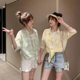 Mock Two-piece Short-sleeve Plaid Shirt
