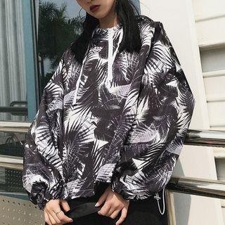 Leaf Print Hoodie Gray - One Size