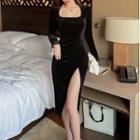 Long-sleeve Slit Velvet Dress
