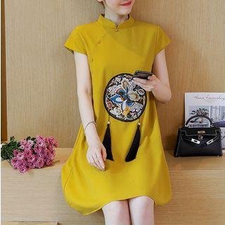 Cap-sleeve Embroidered Mandarin Collar Dress