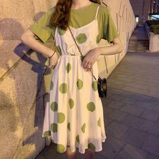 Mock Two-piece Short-sleeve Dotted Midi Dress Green - One Size