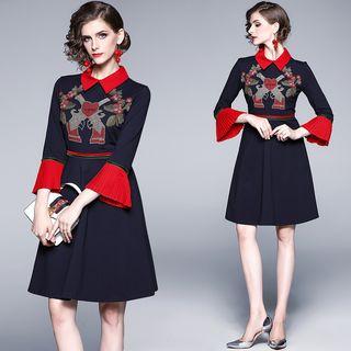 Embroidered Collared Bell-sleeve A-line Dress