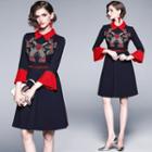 Embroidered Collared Bell-sleeve A-line Dress