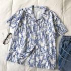 Short-sleeve Print Top Blue - One Size
