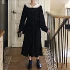 Collared Long-sleeve Midi Shirt Dress Black - One Size
