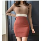 Color Block Knit Mini Sheath Dress Brown & Tangerine Red - One Size