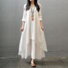 Mock Two-piece Long-sleeve Linen A-line Midi Dress