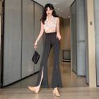 Collared Knotted Crop Top / Slited Boot-cut Pants