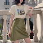 Printed Short-sleeve T-shirt / Faux Leather A-line Skirt