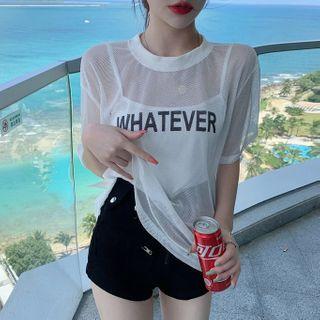 Set: Camisole Top + Short-sleeve Lettering Mesh Top