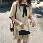 Short-sleeve Mini A-line Pleated Dress Khaki - One Size