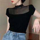 Short-sleeve High Neck Mesh Panel Knit Top Black - One Size