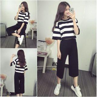 Set: Striped Elbow-sleeve T-shirt + Cropped Wide-leg Pants