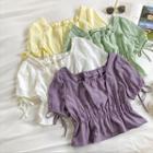 Plain Square-neck Lace-up Puff-sleeve Top
