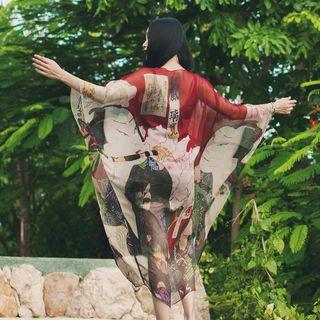 Japanese-style Printed Cape Top(waist Belt Not Included)