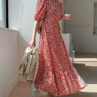 Puff-sleeve Floral Maxi Wrap Dress