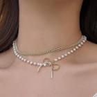 Bow Pendant Faux Pearl Layered Choker Double Layer Necklace - Gold - One Size