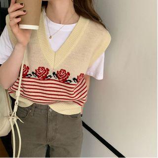 V-neck Rose Print Knit Vest