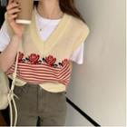 V-neck Rose Print Knit Vest