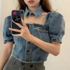 Puff-sleeve Collared Denim Blouse