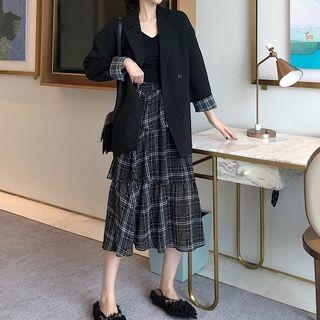 Double-breasted Blazer / Plaid Midi Tiered Skirt