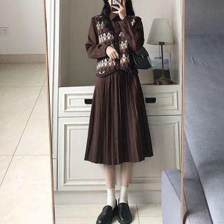 Set: Sweater Vest + Long-sleeve A-line Midi Dress