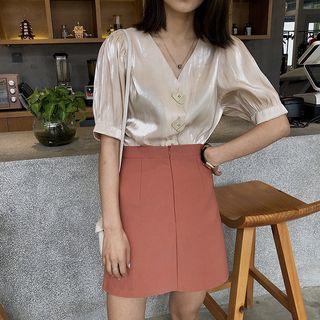 Short-sleeve V-neck Blouse Almond - One Size