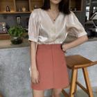 Short-sleeve V-neck Blouse Almond - One Size