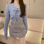 Bow-accent Long-sleeve Knit Top / Tweed Mini Skirt