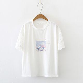 Eyelet Lace Sleeve Flora Print Tee White - One Size