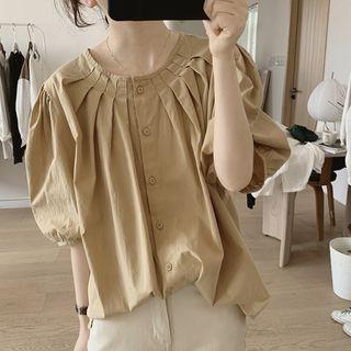 Puff-sleeve Round Neck Button-up Plain Blouse