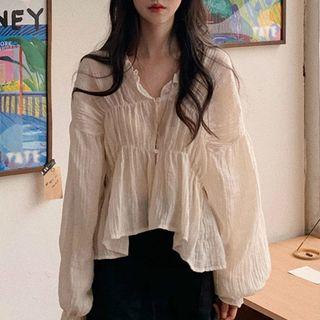 Lantern-sleeve Crinkled Blouse Off-white - One Size