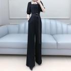 Contrast Stitching Lace Trim Short-sleeve Wide-leg Jumpsuit