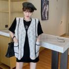 Sleeveless Contrast Line Jacquard Vest/ Short Sleeve Letter Long T-shirt