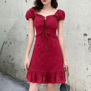 Eyelet Lace Puff-sleeve A-line Dress