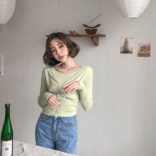 Round-neck Draped-detail Ribbed Top