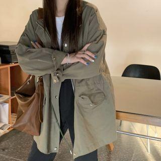 Long-sleeve Plain Drawstring Jacket Army Green - One Size