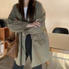 Long-sleeve Plain Drawstring Jacket Army Green - One Size