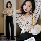 Set: Long Sleeve V-neck Dotted Knotted Blouse + Mid-rise Plain Wide-leg Dress Pants