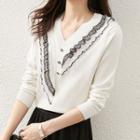 V-neck Ruffled Lace Trim Knit Top