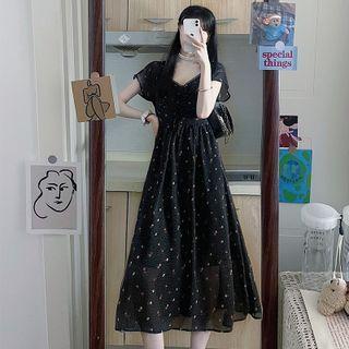 Short-sleeve Floral Chiffon Midi A-line Dress