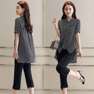 Set: Striped Short-sleeve Irregular Blouse + Slit-front Capri Pants