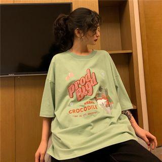 Short-sleeve Lettering Crocodile Round Neck T-shirt